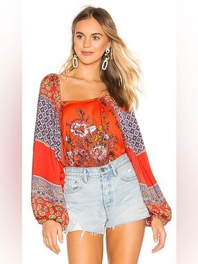 Free People Positano Print Blouse Red Orange Size Small